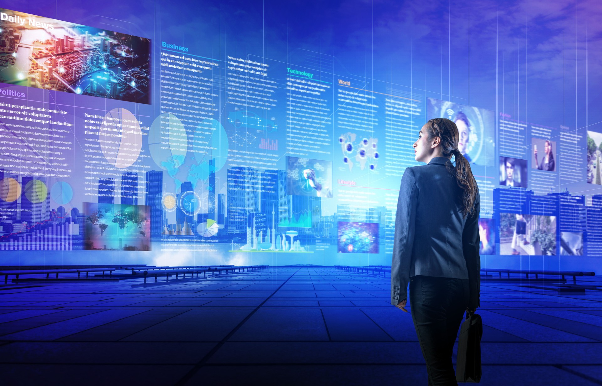 online curation media concept. electronic newspaper. young woman holding laptop PC and various news images. abstract mixed media.