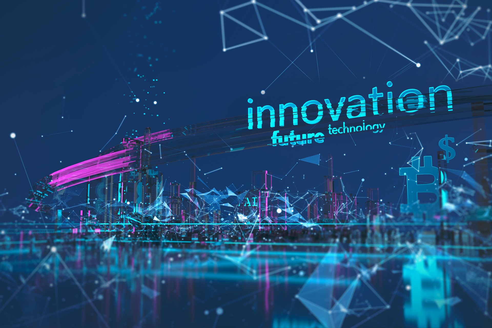 Futuristic skyscrapers in the flow. The flow of digital data. city of the future. 3D illustration. 3D rendering
