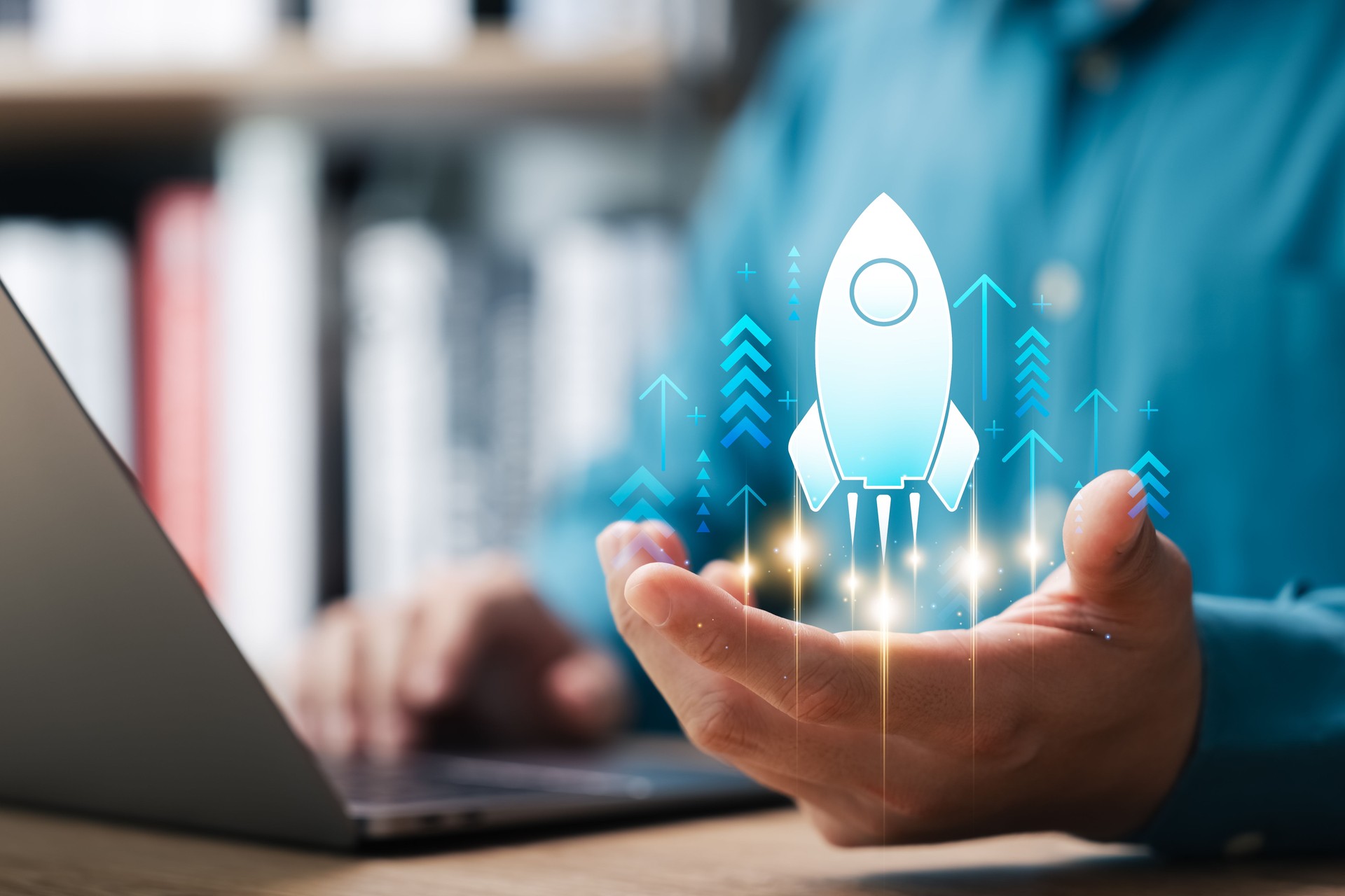 Business startup, businessman touching rocket launch with up arrow Rapid business growth.