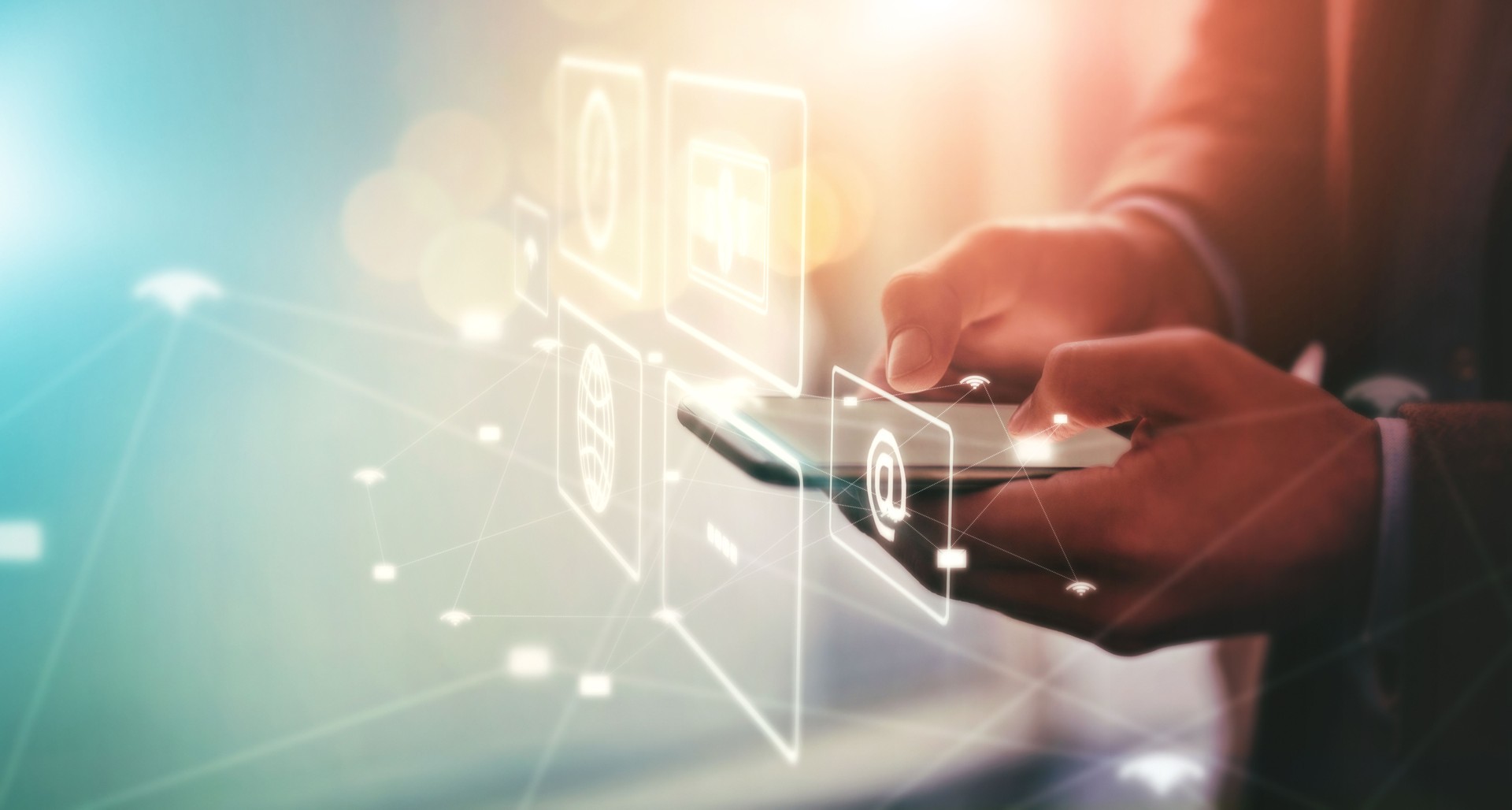 Hologram, communication and hands of businessman with a phone for notification icon, internet and search. Website, digital marketing and person with mobile or cyber interface with menu and web system